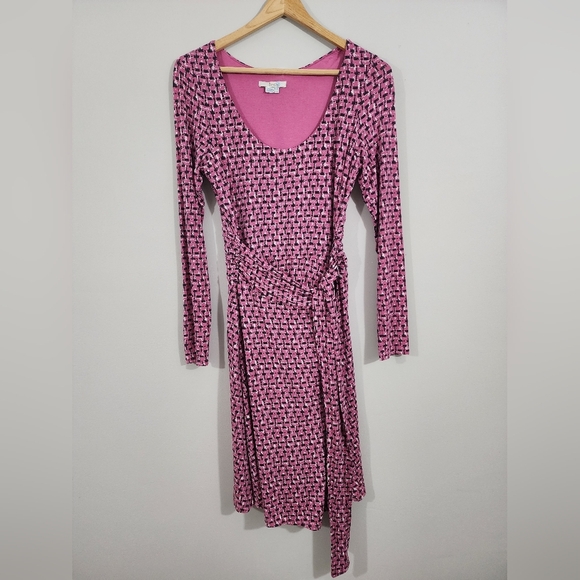 Boden Long Sleeve Belted faux wrap midi dress stretch purple, pink Women's 6P - Picture 5 of 13